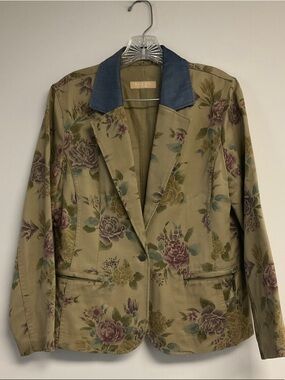 Kate Hill Floral Tan Blazer with Blue Collar